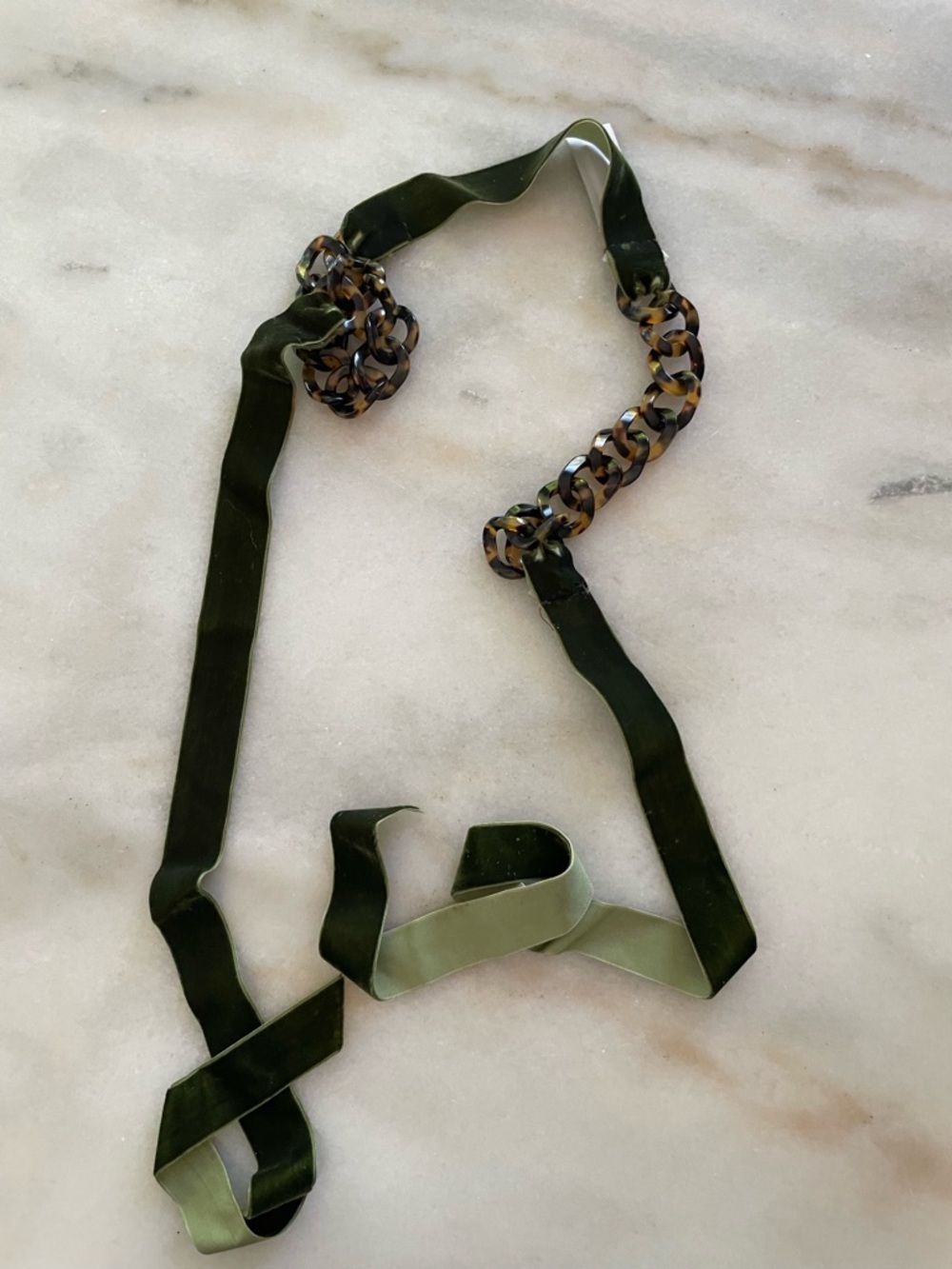 Olive Green Velvet Ribbon belt with Tortoiseshell Chain Accent